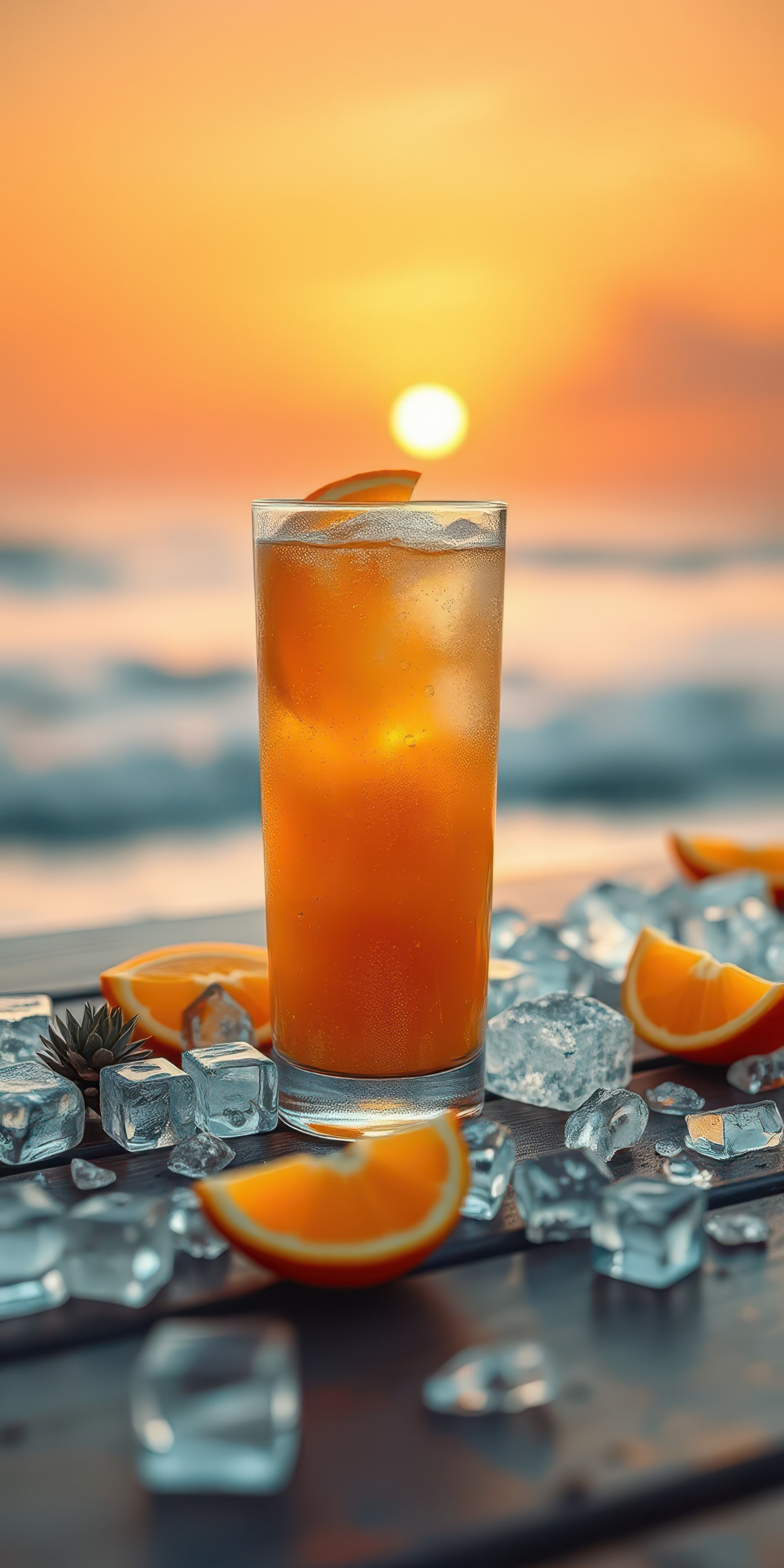 Refreshing cocktail sits on a table with ice and orange slices as the sun sets over the ocean